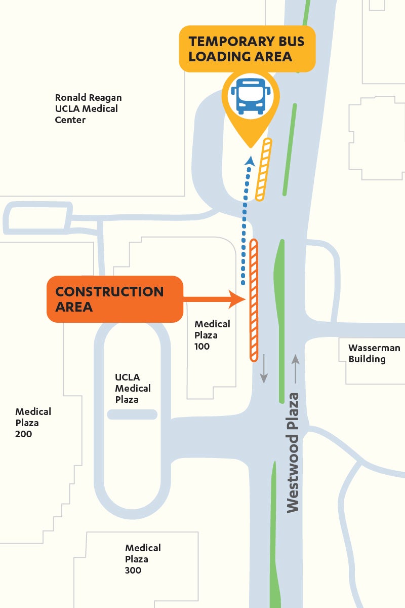 Map of temporary bus stop location at Ronald Reagan UCLA Medical Center
