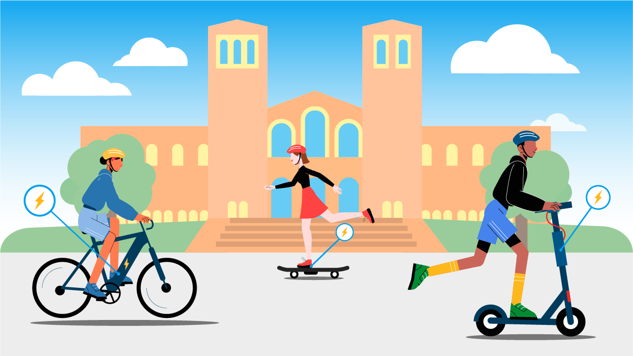 Bike, skateboard, and scooter riders in front of Royce Hall