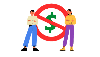 Money symbol with a slash through it between two people