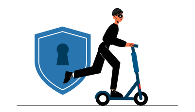 Lock symbol next to a thief riding a scooter