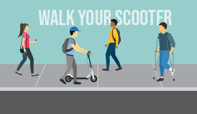 Graphic of student walking a scooter on the street