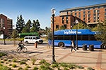 Bus, bike rider, and pedestrian on campus