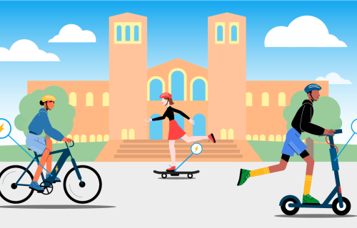 Bike, skateboard, and scooter riders in front of Royce Hall