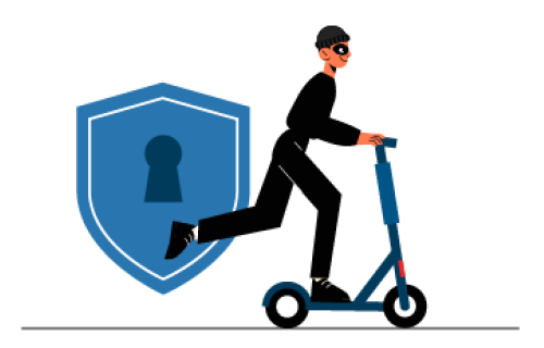 Lock symbol next to a thief riding a scooter