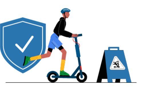 Check mark next to a scooter rider and safety signage