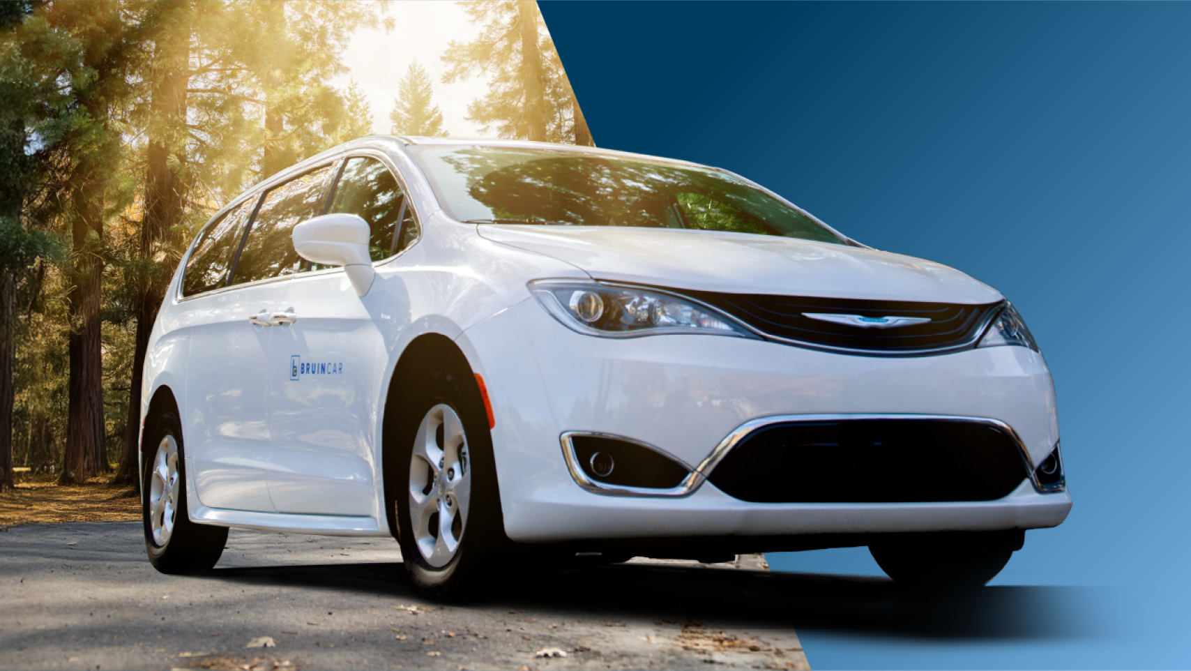 White vehicle with the BruinCar logo on the passenger door
