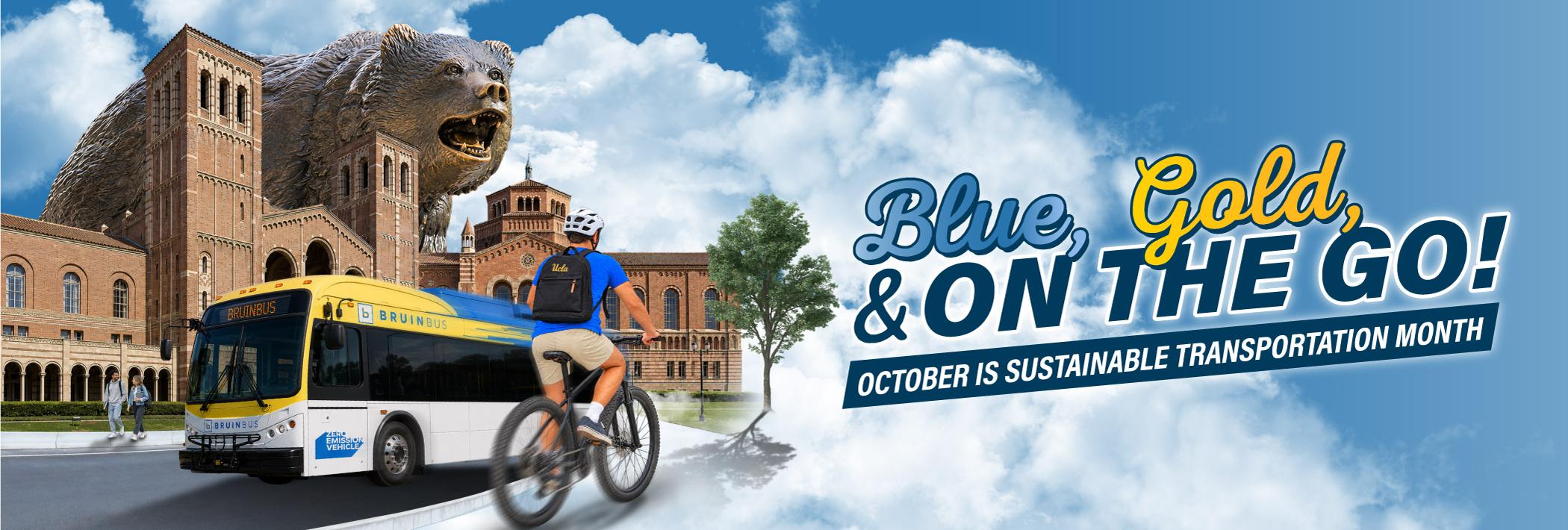 a collage of royce, powell, a bruin bus, and a bicycle rider paired with the text of blue, gold, and on the go. October is sustainable transportation month.