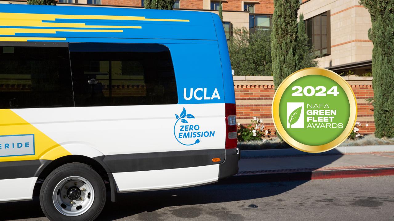 BruinAccess van next to the 2024 NAFA Green Fleet Award badge