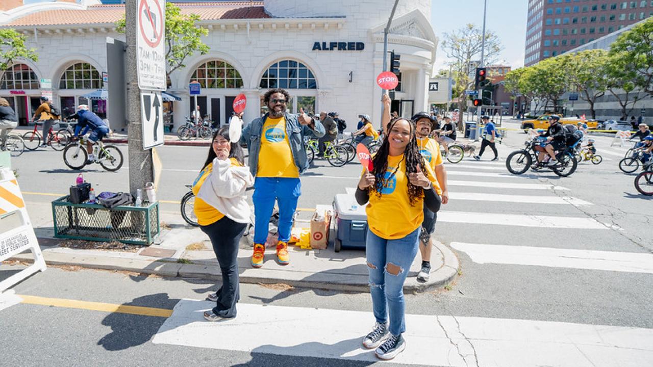 CicLAvia volunteers along Westwood Blvd at the open streets event on April 26 in West LA.