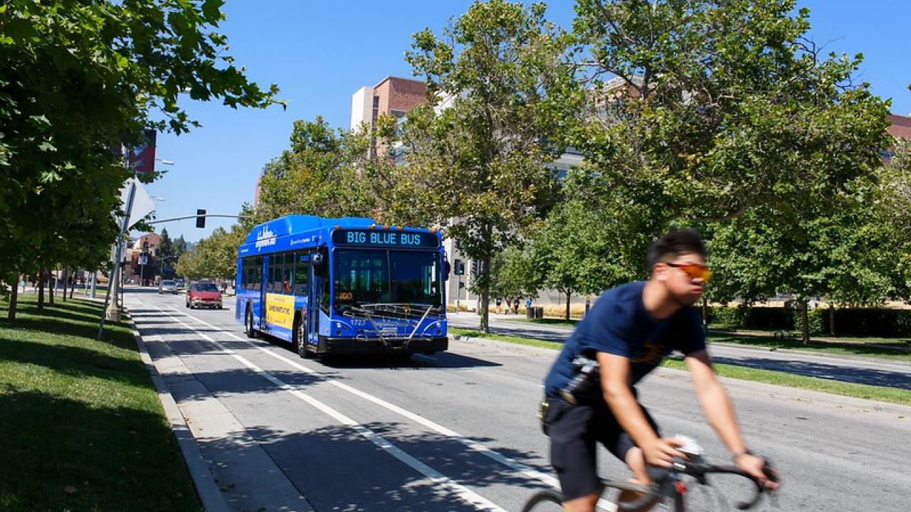 Bus and cyclist on campus