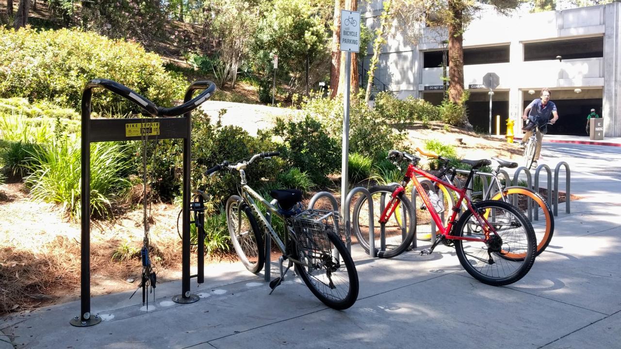 Bike repair stand on campus.