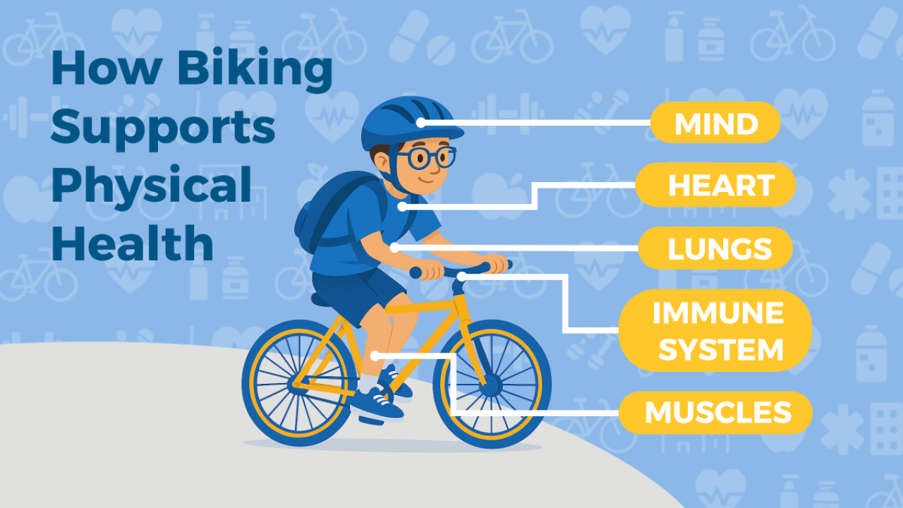 A graphic of a student riding a bike. 