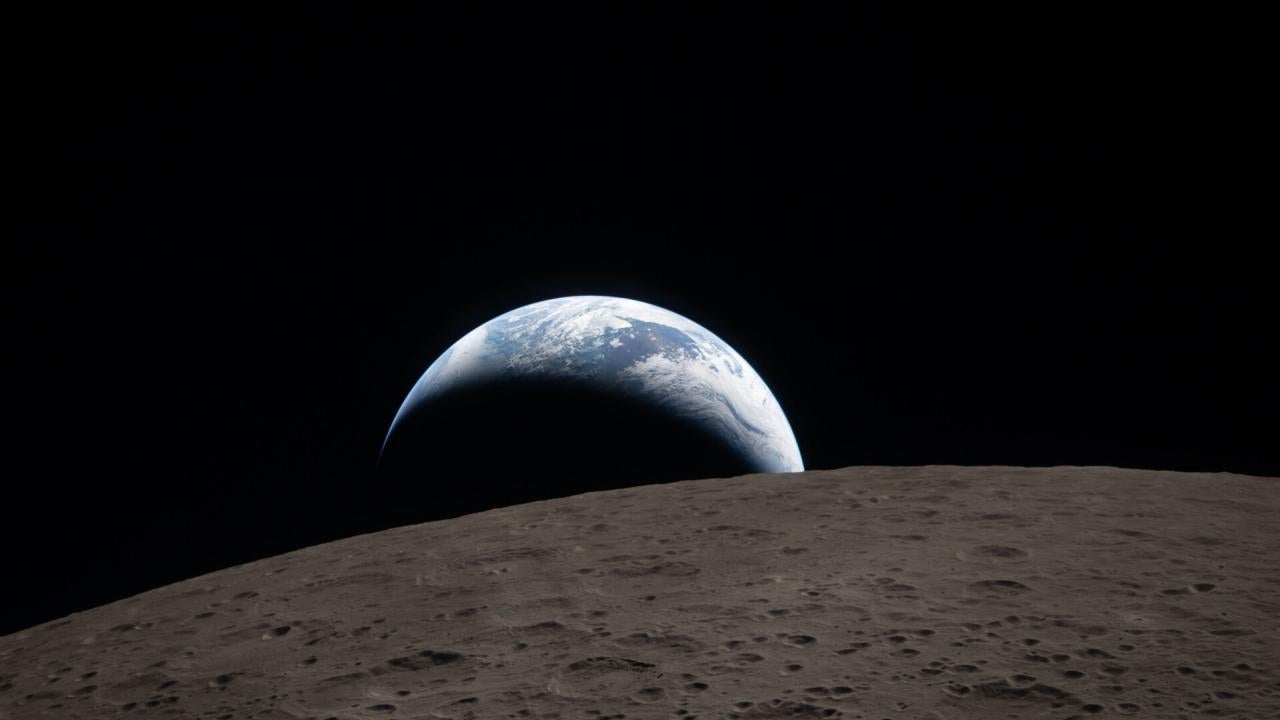 Earthset captured through the Orion spacecraft during the Artemis II crew’s flyby of the Moon.