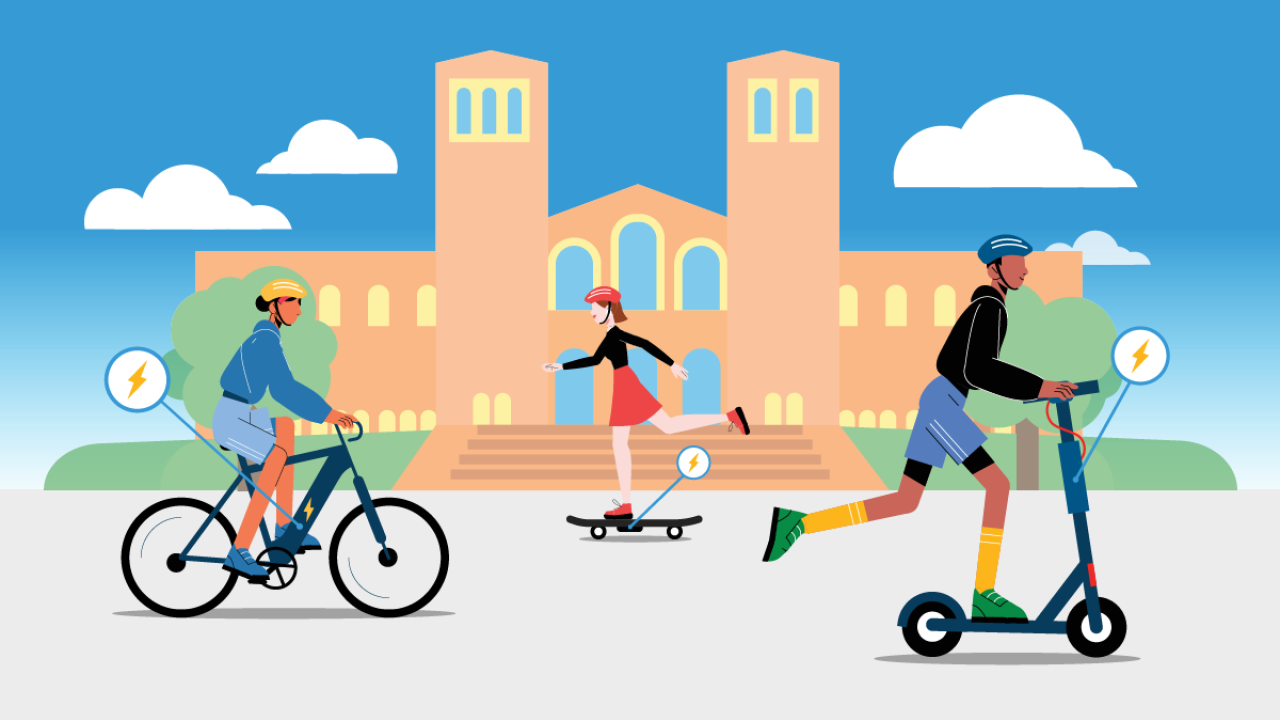 Cartoon personal electric mobility devices in front of Royce Hall at UCLA