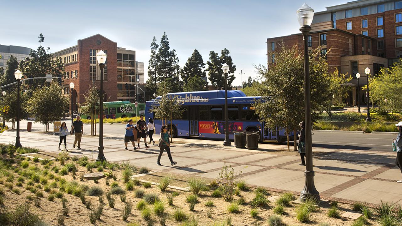 View of Gateway Plaza at UCLA with a Big Blue Bus