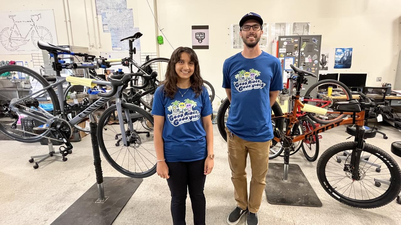 Active transportation planner Sana and Martin, supervisor of the Bike Shop, happily supporting UCLA Bike Month tee shirts.