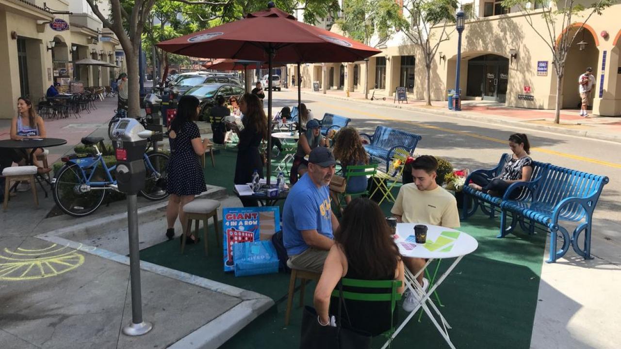 Temporary parklet on Glendon Avenue during 2019 Parking Day event