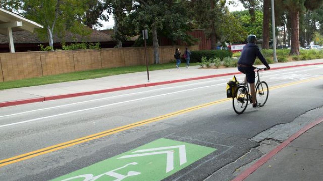 Cyclist Biking along UCLA's Bike Routes