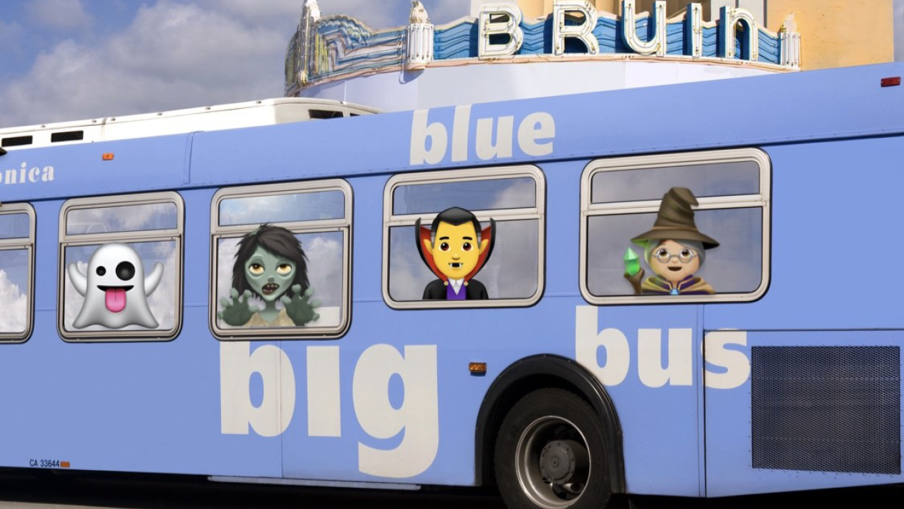 Halloween characters riding the Big Blue Bus