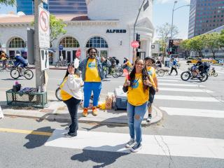 CicLAvia volunteers along Westwood Blvd at the open streets event on April 26 in West LA.