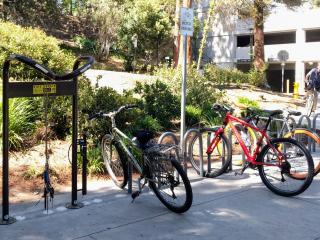 Bike repair stand on campus.