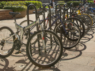 A bike rack located in UCLA's Court of Scences