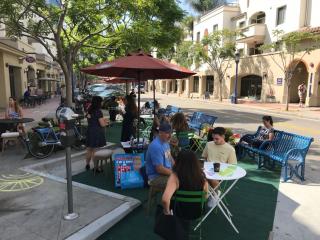 Temporary parklet on Glendon Avenue during 2019 Parking Day event