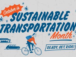 Sustainable Transportation Month graphic with a bicyclist, bus, and car.