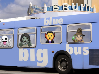 Halloween characters riding the Big Blue Bus